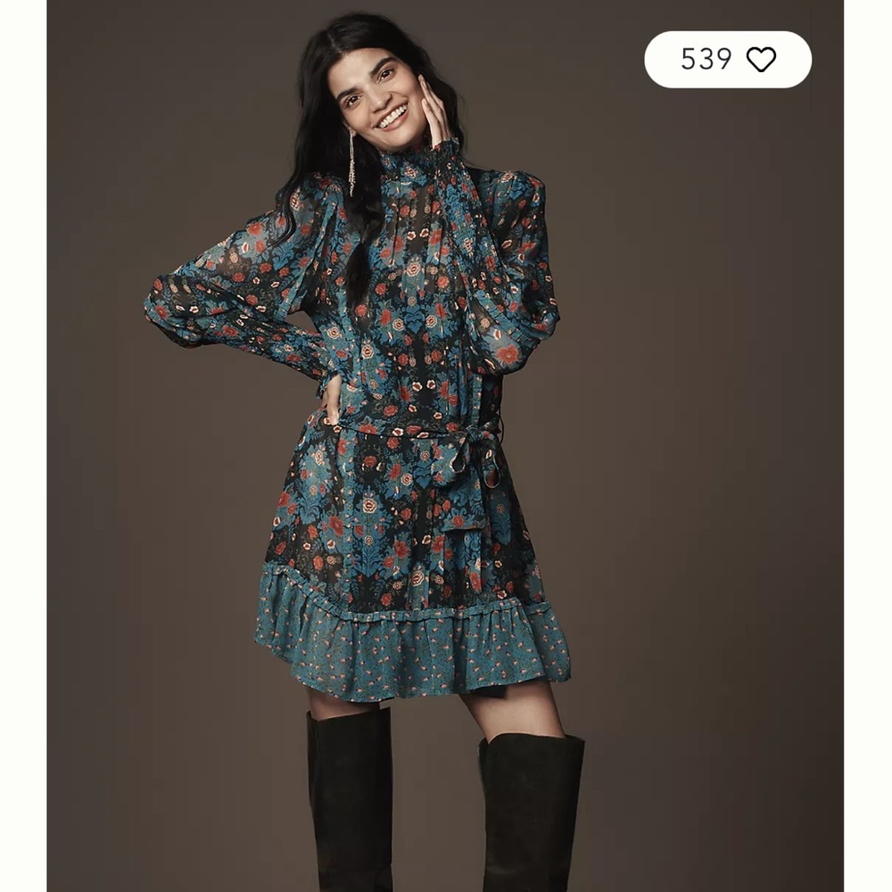 FARM Rio Teal Floral Mini Dress with Rust and Black Accents